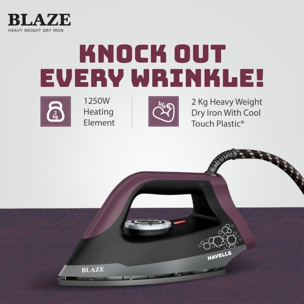Havells Blaze Dry Iron 2 KG Heavy Weight Dry Iron| 1250W| American Heritage Non-stick Coated Sole Plate For Smooth Gliding & Long Life| Aerodynamic Design| 2 Year Manufacturer Warranty (Black)