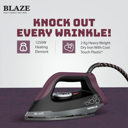 Havells Blaze Dry Iron 2 KG Heavy Weight Dry Iron| 1250W| American Heritage Non-stick Coated Sole Plate For Smooth Gliding & Long Life| Aerodynamic Design| 2 Year Manufacturer Warranty (Black)