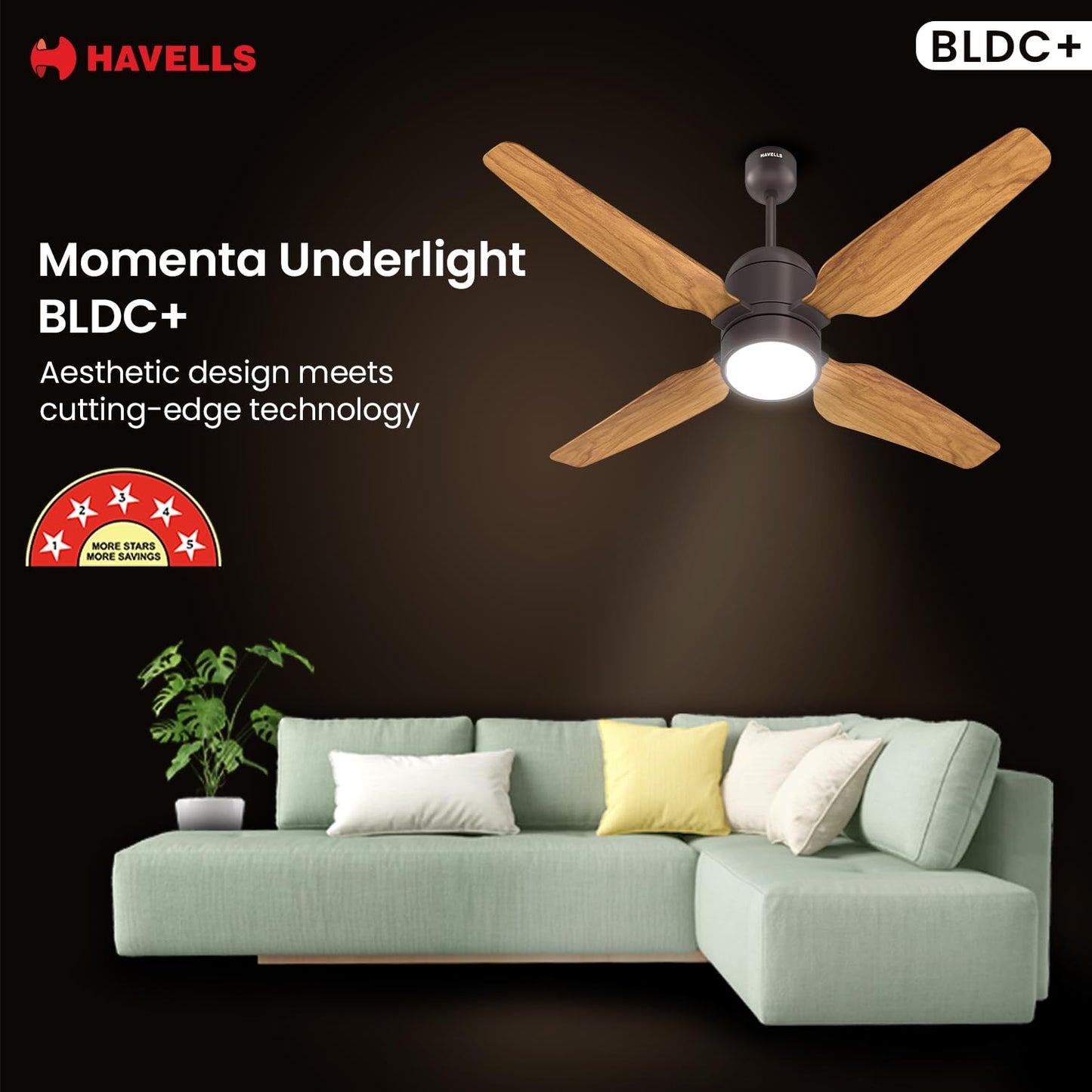 Havells 1200mm Momenta Underlight BLDC+ Ceiling Fan | Remote Controlled, Smart Fan, IoT Enabled, Alexa & Google Home Compatible | Upto 60% Energy Saving, 2 Year Warranty | (Smoke Brown Pine Wood)