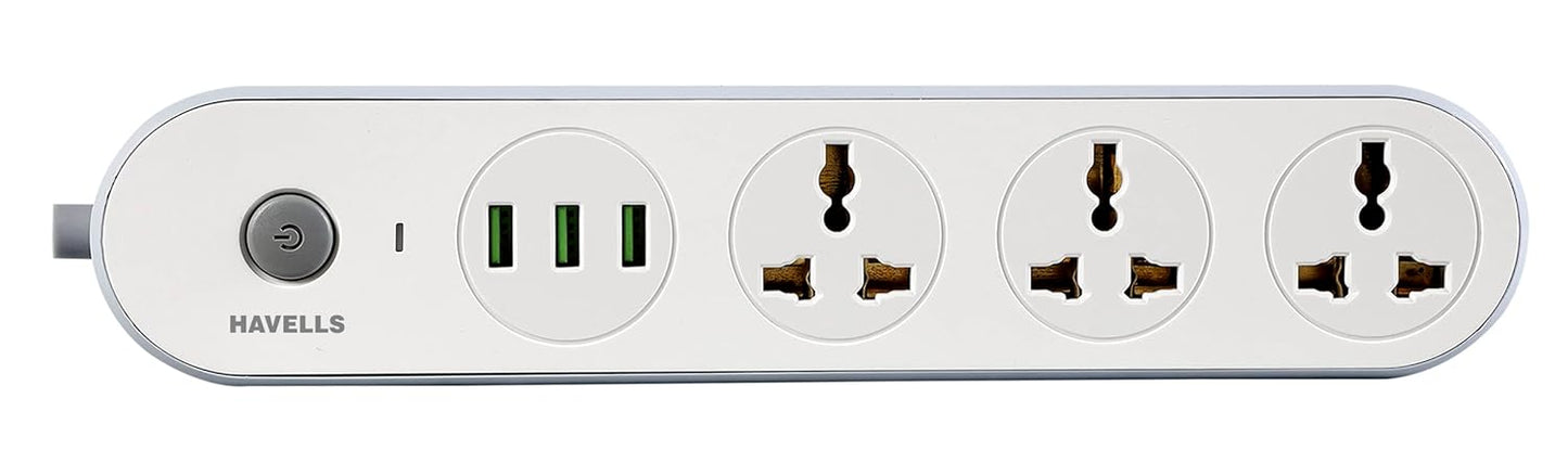 Havells USB Star - 3+1 Extension Board| 1.5Mtr Copper ISI Certified Wire | Surge and Spike Protection | 3 Universal Sockets and 3 USB Ports, 3.1 Amp| 6A, 240 V AC | LED Indicator | Home & Office Use