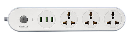 Havells USB Star - 3+1 Extension Board| 1.5Mtr Copper ISI Certified Wire | Surge and Spike Protection | 3 Universal Sockets and 3 USB Ports, 3.1 Amp| 6A, 240 V AC | LED Indicator | Home & Office Use