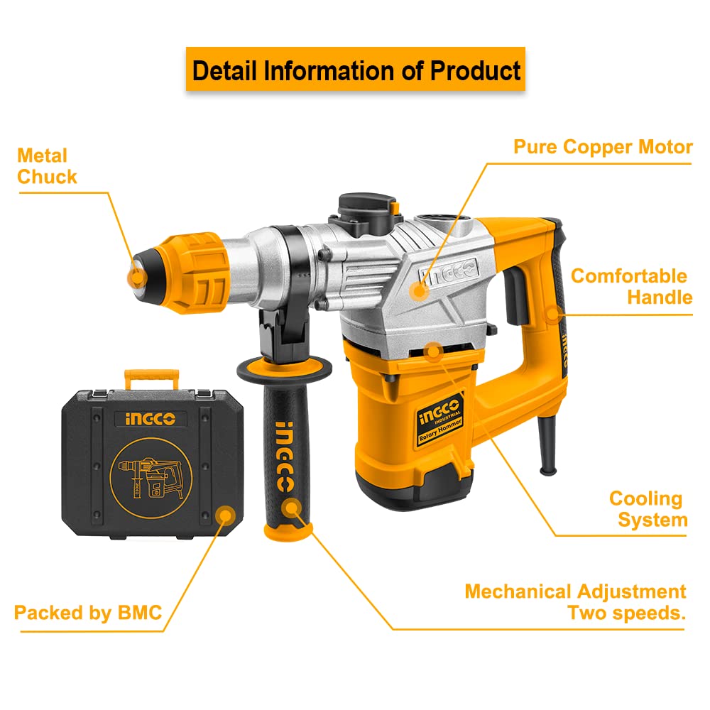 Ingco Rotary Hammer SDS-Plus Chuck Heavy Duty Rotary 5J with Vibration Control Hammer Drill, 1250W | 3800bpm, 3 drills and 2 chisels with Case, Yellow, Black