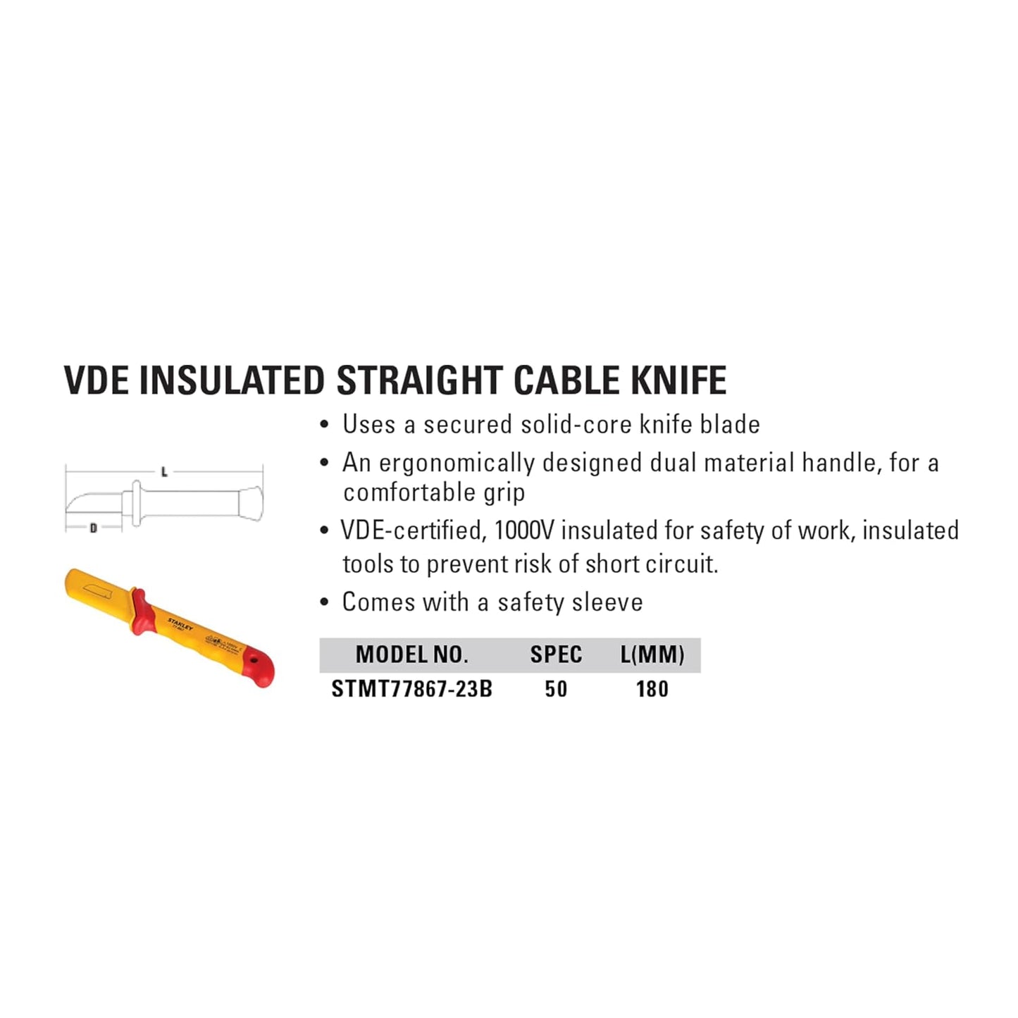STANLEY STMT77867-23B VDE Insulated Straight Cable Knife 50x180mm, Ideal For Repair Of Electric Vehicles, Red and Yellow