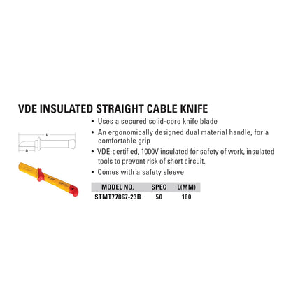 STANLEY STMT77867-23B VDE Insulated Straight Cable Knife 50x180mm, Ideal For Repair Of Electric Vehicles, Red and Yellow