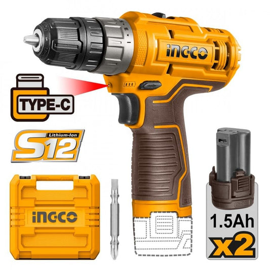 INGCO 12V Cordless Drill, 2x12V 1.5Ah Li-Ion Batteries, USB Type-C Cable, No Charger Included - Model: CDLI12202