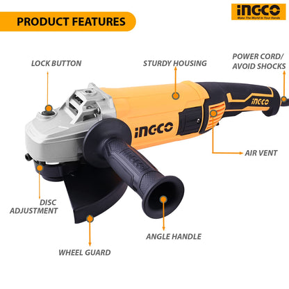 INGCO AG200018 Industrial Angle Grinder 2000 Watt Corded 8450 RPM Speed Tool Grinding 180mm Grinding Machine Ideal for Polishing Cutting