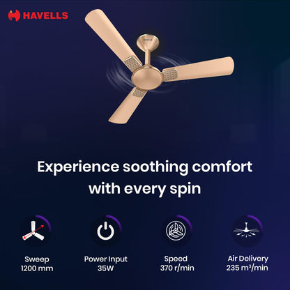 Havells 1200mm Enticer BLDC Prime Ceiling Fan| Compatible with Regulator & Remote| Upto 55% Energy Saving| High Air Delivery | 100% Copper Motor| 2 Years Comprehensive Warranty(Champagne)