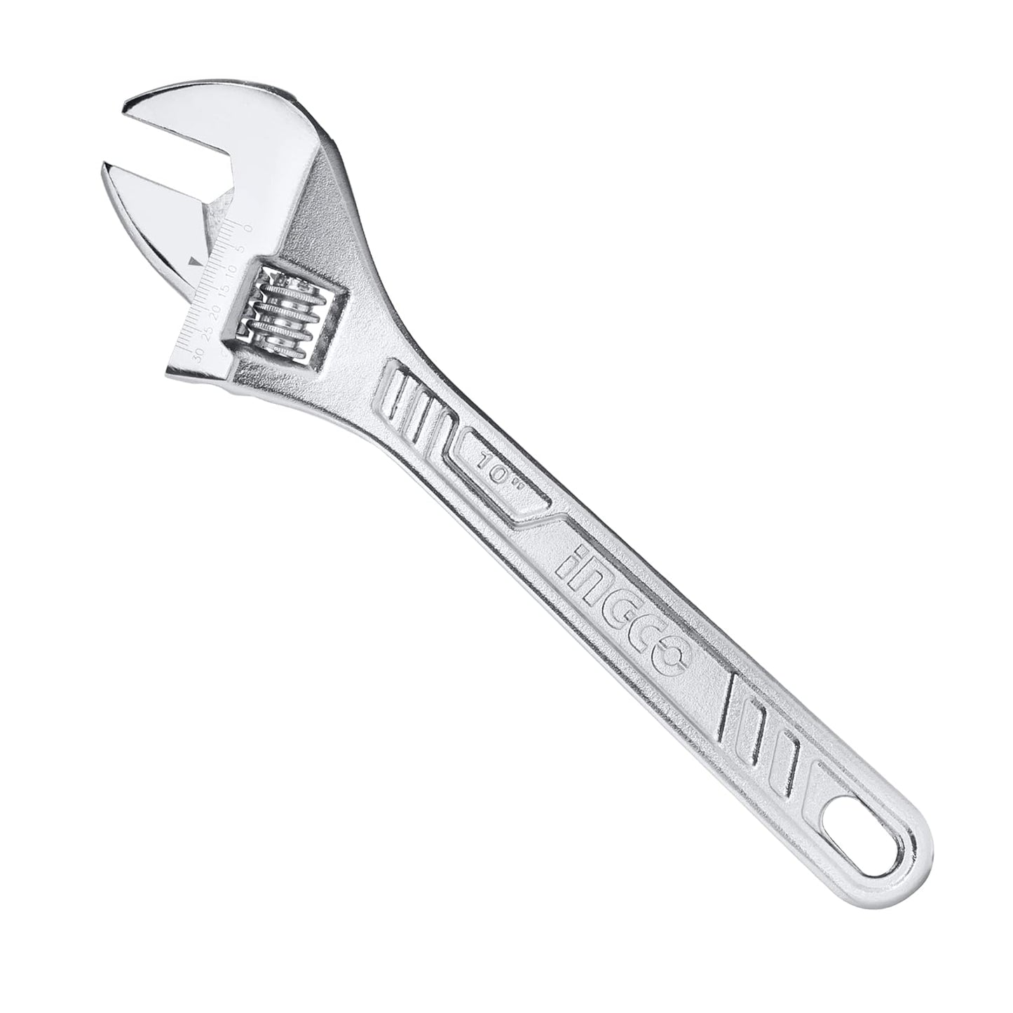 Ingco Adjustable Wrench, 0-30mm with Metric Scale | 250mm(10") | C45, Drop-forged,Chrome-Plated, Professional Adjustable Wrench for Auto Repair, General Assembly, Maintenance, Plumbing