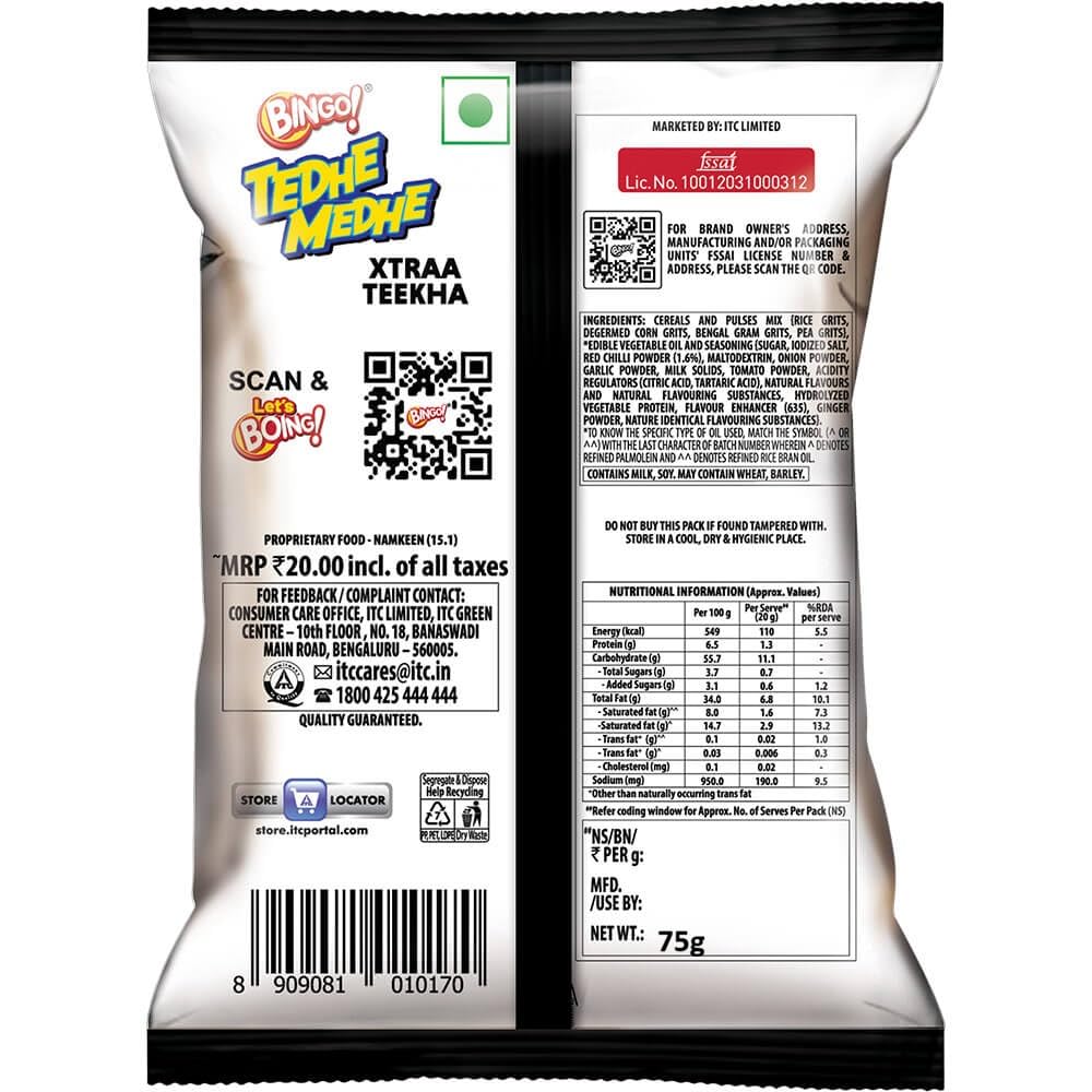 Bingo! Tedhe Medhe Xtraa Teekha, 80g/75g (weight may vary)
