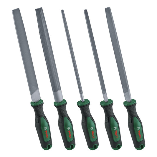 BOSCH 5-Piece File Set 200mm Durable Carbon Steel Files With Ergonomic Handles, Perfect For Metal Crafting, Deburring, And Smoothing Surfaces