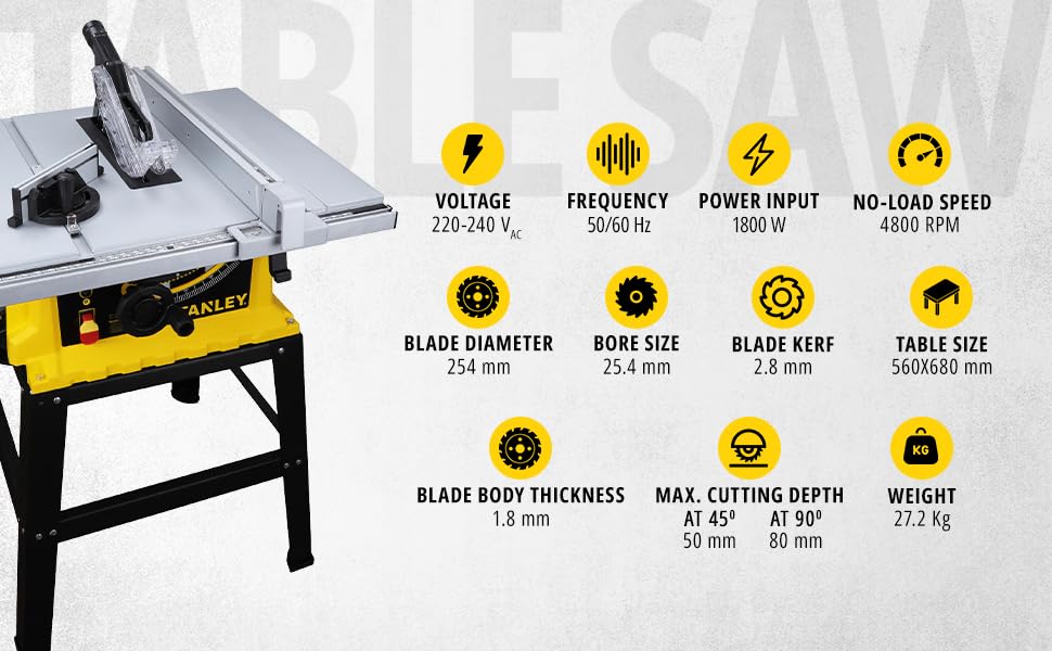 STANLEY SST1801-IN 1800W 254mm Table Saw With Frame, For Heavy-Duty Applications & Cutting Plywood, 150-hours Runtime, Compatible with 10” Cutting Blades, 1 Year Warranty, Yellow and Black