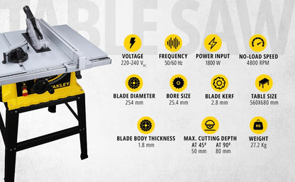 STANLEY SST1801-IN 1800W 254mm Table Saw With Frame, For Heavy-Duty Applications & Cutting Plywood, 150-hours Runtime, Compatible with 10” Cutting Blades, 1 Year Warranty, Yellow and Black