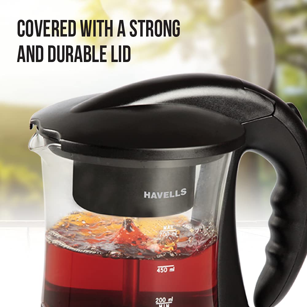 Havells Crystal Tea-Coffee Maker Glass with Filter Basket | Indicator Light | Transparent Glass Carafe 600 W