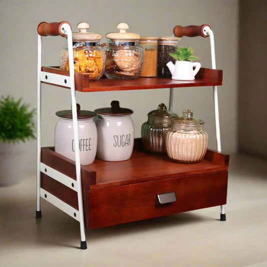 Udaipur Handicrafts Shelf Rack,(26.6D x 45.7W x 45.7H Cm) Handcrafted Organizer with Drawer| Multi-Purpose| Kitchen Rack Countertop| Wooden Spice Rack| Wooden Kitchen Organizer