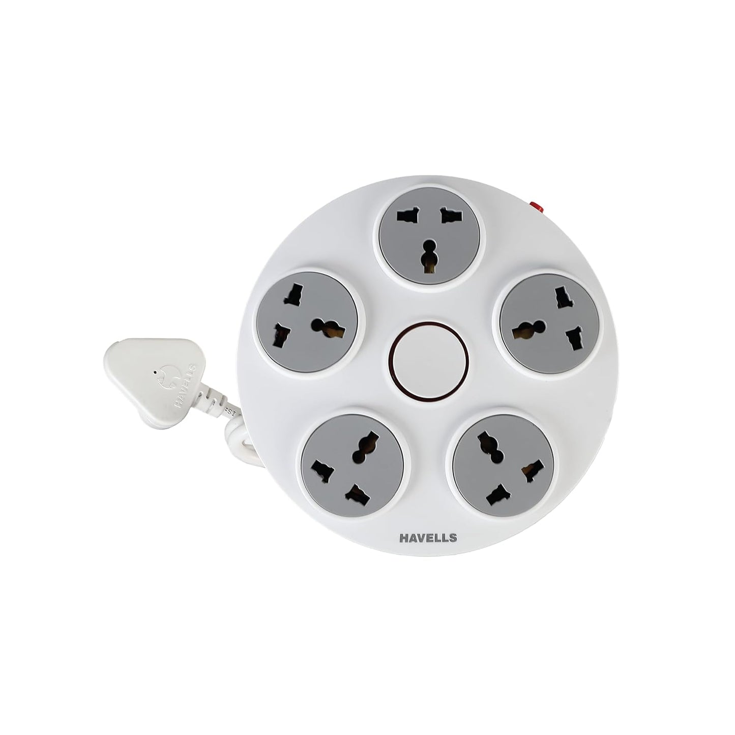 Havells Wheel Star 5X 5+1 Round Extension Board | Overload, Over Current & Over Voltage Protection | 1.5 Mtr Copper Wire | ISI Certified Wire & Plug | Universal 3 Pin 5 Sockets | LED Indicator | Home & Office Use