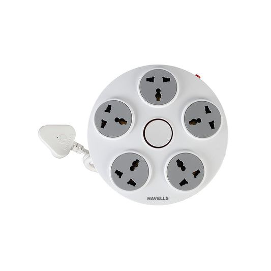 Havells Wheel Star 5X 5+1 Round Extension Board | Overload, Over Current & Over Voltage Protection | 1.5 Mtr Copper Wire | ISI Certified Wire & Plug | Universal 3 Pin 5 Sockets | LED Indicator | Home & Office Use