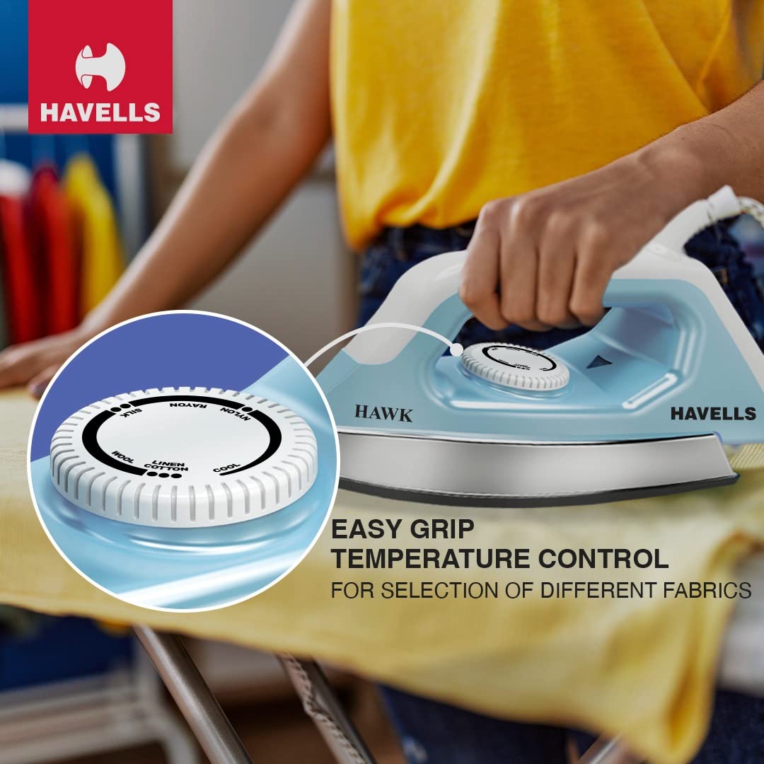 Havells Hawk 1100 watt Heavy Weight Dry Iron With American Heritage Non Stick Sole Plate, Aerodynamic Design, Easy Grip Temperature Knob & 2 years Warranty. (Blue & White)