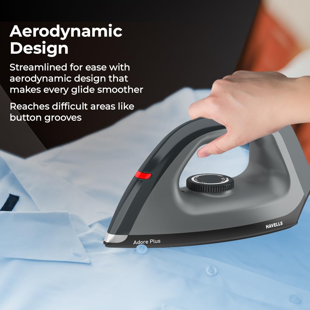 Havells Dry Iron Adore Plus 1100 Watts, Iron Press, Greblon Non Sick Soleplate with German Technology, Shock Proof Body, Aerodynamic Design, 360° Swivel Cord, 2 Year Manufacturer Warranty (Black)