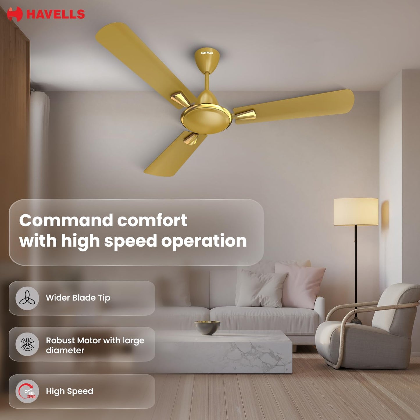 Havells Quickair 1200mm Ceiling Fan, High-Speed, Energy Efficient & Silent Operation with Modern Design, Ideal for Bedrooms | 2 Years Manufacturer Warranty | Desert Gold