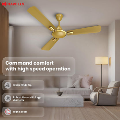 Havells Quickair 1200mm Ceiling Fan, High-Speed, Energy Efficient & Silent Operation with Modern Design, Ideal for Bedrooms | 2 Years Manufacturer Warranty | Desert Gold