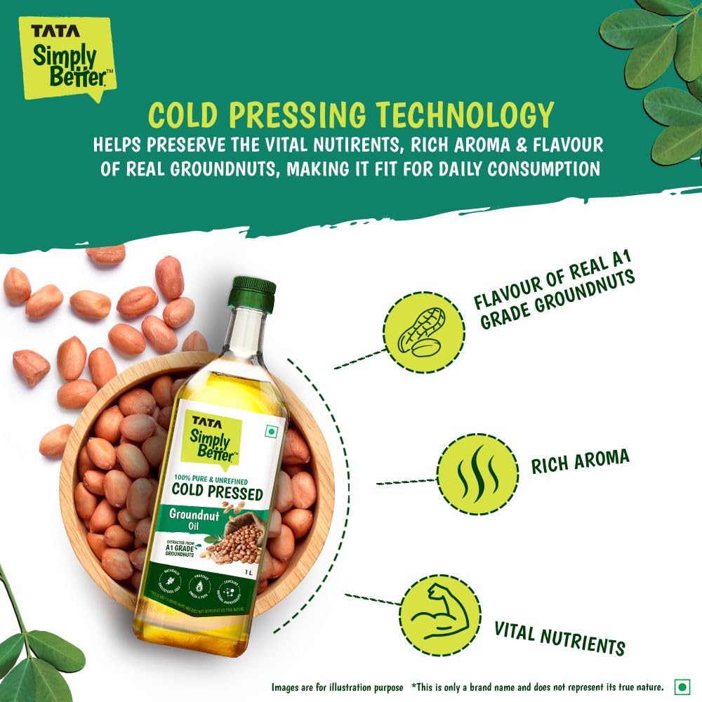 Tata Simply Better Pure & Unrefined Cold Pressed Groundnut (Peanut) Oil,Kolhu/Kacchi Ghani/Mara Chekku/Ganuga,Naturally Cholesterol Free,1L,Groundnut Oil Rich Aroma & Flavour Of Real Groundnuts