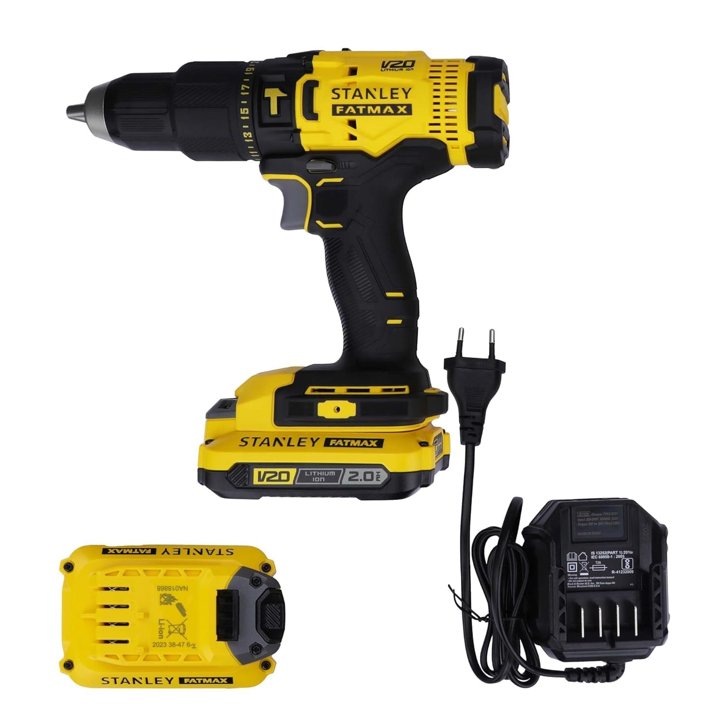 STANLEY FATMAX SCD700D2K 20V 13 mm Reversible Cordless Brushed Drill Machine Driver With 2x2.0Ah Li-ion Batteries, 1pc Charger, 2 Speed Gearbox & LED Worklight, 2 Year Warranty, YELLOW & BLACK