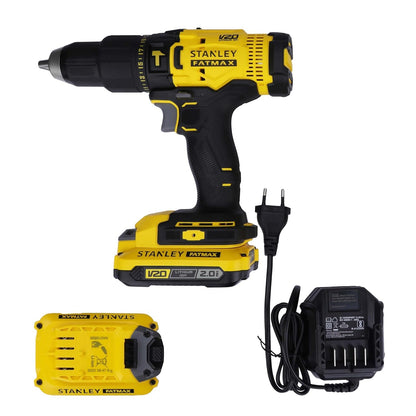 STANLEY FATMAX SCD700D2K 20V 13 mm Reversible Cordless Brushed Drill Machine Driver With 2x2.0Ah Li-ion Batteries, 1pc Charger, 2 Speed Gearbox & LED Worklight, 2 Year Warranty, YELLOW & BLACK