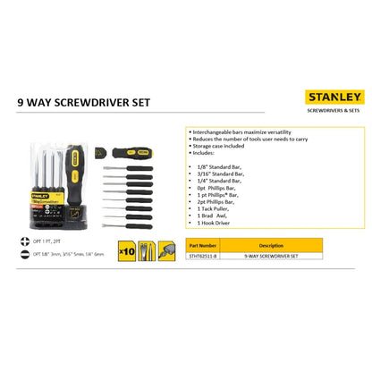 STANLEY STHT62511 9-Way Screwdriver Set with Storage Case for Home, DIY, Professional & Industrial Use Ideal for Carpentry, Construction, Mechanical, Electrical & Plumbing Tasks, YELLOW & BLACK