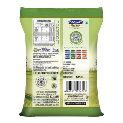 Daawat Rozana Gold Basmati Rice 5Kg| For Everyday Consumption| Cooked Grain Upto 15mm*| Naturally Aged