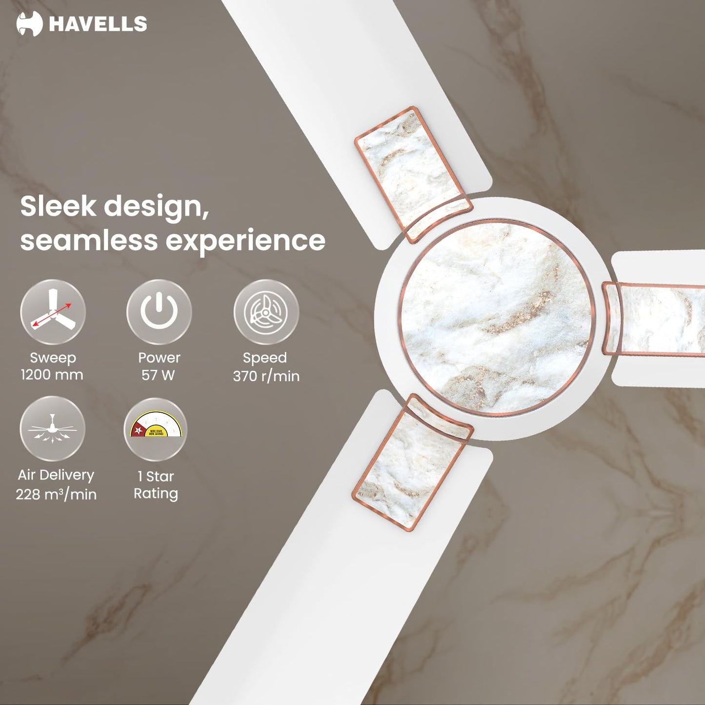 Havells Eva 1200mm Ceiling Fan for Home & Office with Aerodynamically Designed Blades, Energy Efficient & Power Saving for Superior Airflow | 2 Years Manufacturer Warranty | Pearl White Marble