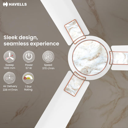 Havells Eva 1200mm Ceiling Fan for Home & Office with Aerodynamically Designed Blades, Energy Efficient & Power Saving for Superior Airflow | 2 Years Manufacturer Warranty | Pearl White Marble