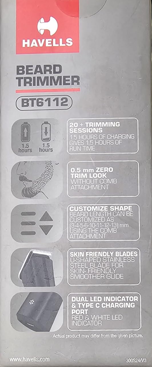 HAVELLS BT6112 BEARD TRIMMER BLACK COLOR SKIN FRIENDLY STAINLESS STEEL BLADES 2 YEARS MANUFACTURER WARRANTY