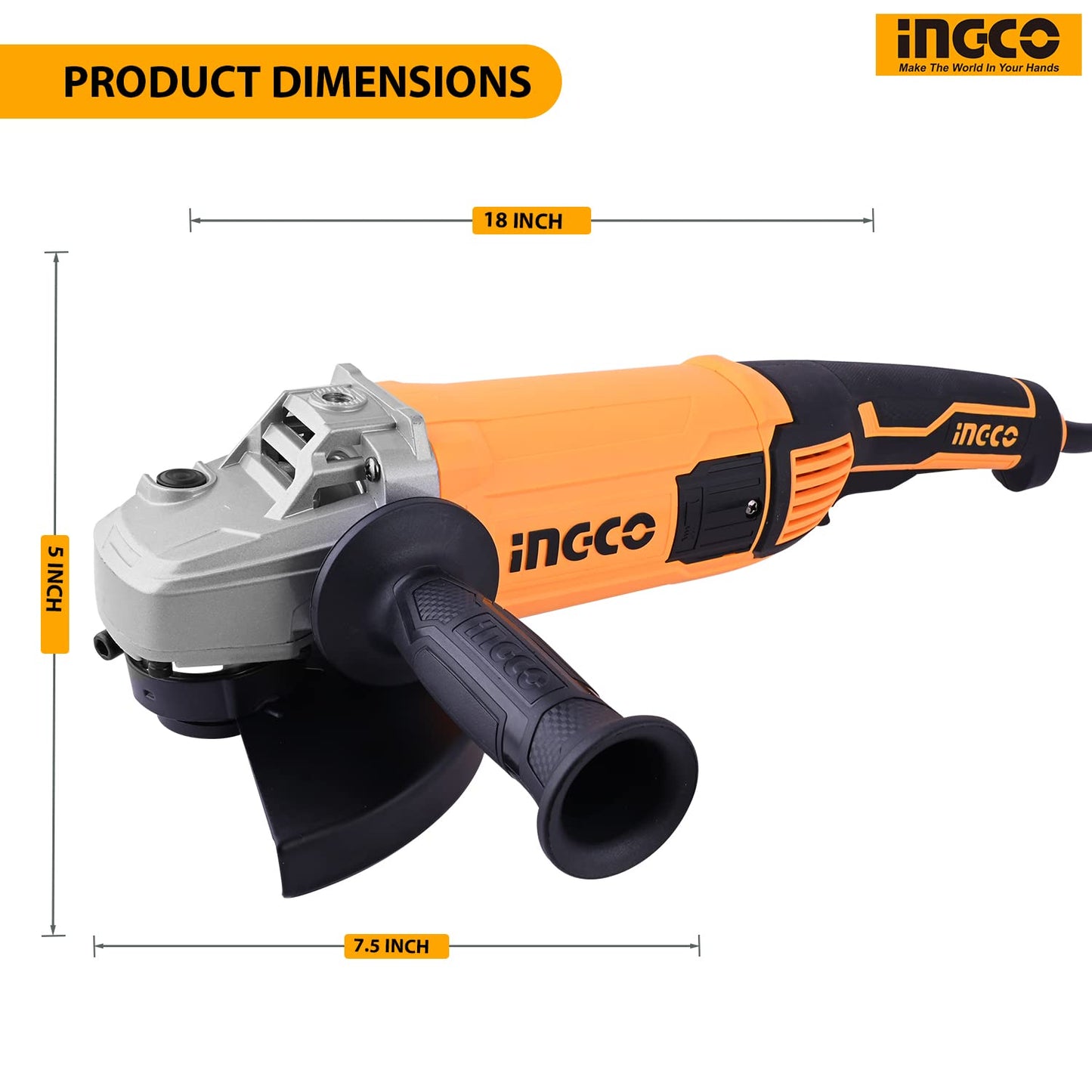 INGCO AG200018 Industrial Angle Grinder 2000 Watt Corded 8450 RPM Speed Tool Grinding 180mm Grinding Machine Ideal for Polishing Cutting