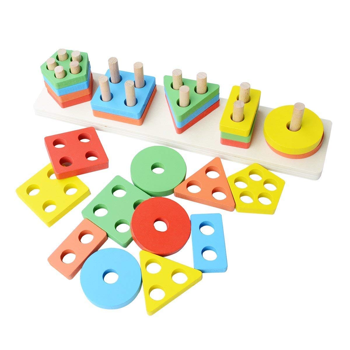 Udaipur HandiCrafts  Kids Wooden Angle Geometric Blocks Stacker Shape Sorter Column Puzzle Stacking Set - 5 Columns