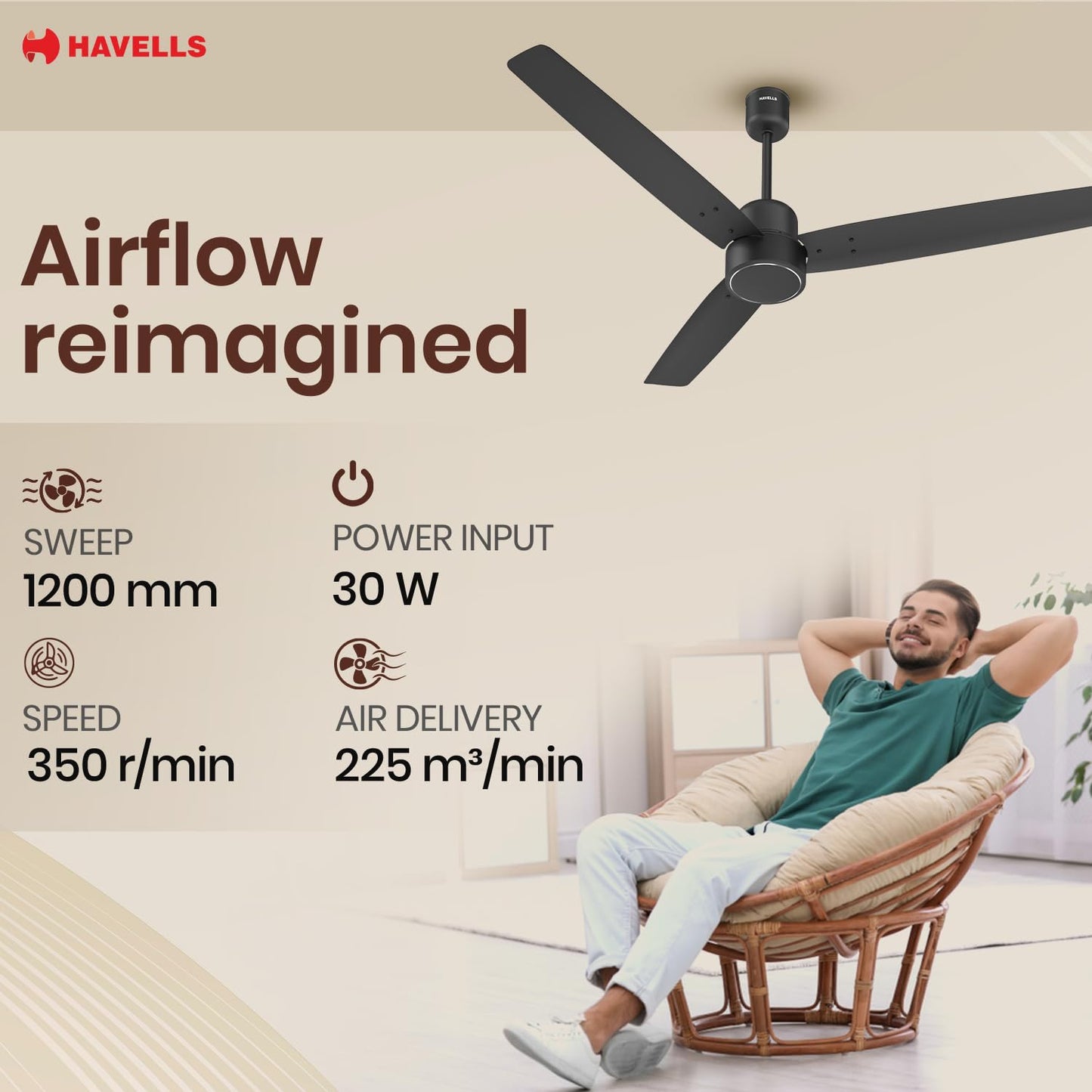 Havells FAB BLDC Ceiling Fan 1200mm (Made In India), 380 RPM, Savings Upto 65%, Reverse Rotation, 4 Modes (Boost,Sleep,Breeze,Mop), Low Wattage 30W, Low Noise, Air Flow:225 CMM, 3Y Warranty, Black