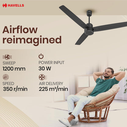 Havells FAB BLDC Ceiling Fan 1200mm (Made In India), 380 RPM, Savings Upto 65%, Reverse Rotation, 4 Modes (Boost,Sleep,Breeze,Mop), Low Wattage 30W, Low Noise, Air Flow:225 CMM, 3Y Warranty, Black