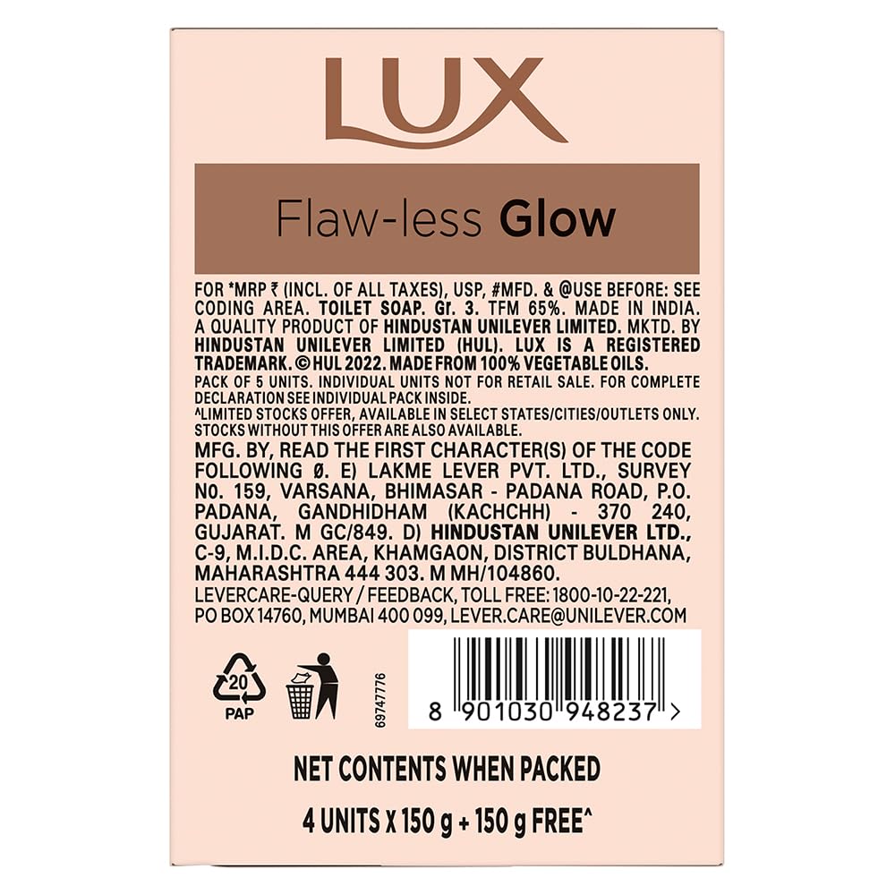 Lux Flaw-less Glow Bathing Soap infused with Vitamin C & E |For Superior Glow|Buy 4 Get 1 Free|150g