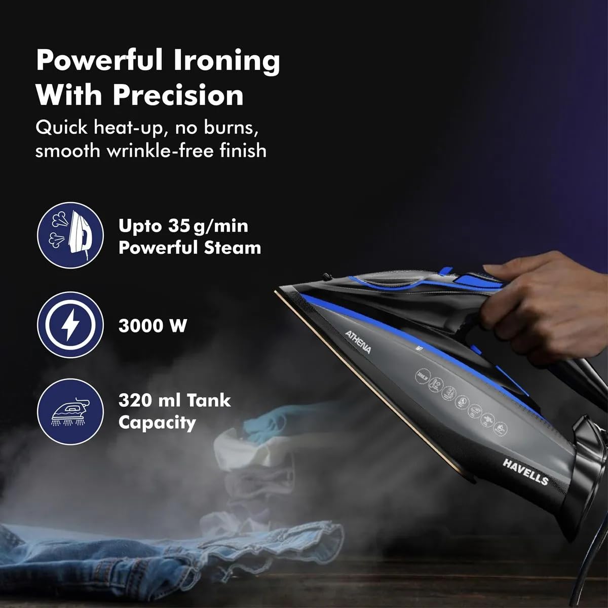 Havells Athena 3000 W Steam Iron with Smart i Sense Technology(No Fabric Burn), 2X Auto Shut Off, Vertical, Horizontal Ironing, Anti Drip, Self-Cleaning&Anti Scale Technology. (Black Blue), 3000 Watts