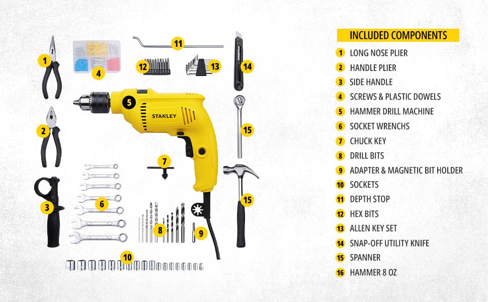 STANLEY SDH600KM-IN 600W 13mm Drill Machine with Mechanical Toolkit for Home, DIY & Professional Use (120-Pieces) - Includes Hammer Drill, Hammer & Measurement Tape, 1 Year Warranty, YELLOW & BLACK