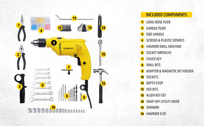 STANLEY SDH600KM-IN 600W 13mm Drill Machine with Mechanical Toolkit for Home, DIY & Professional Use (120-Pieces) - Includes Hammer Drill, Hammer & Measurement Tape, 1 Year Warranty, YELLOW & BLACK