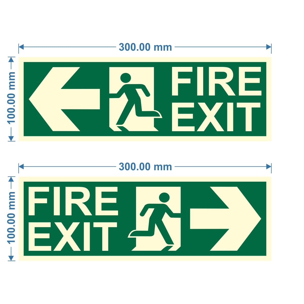 Akshar Arts Bhuwana Fire Exit Left and Right Arrow Night Glow Signboard On PVC Sunboard 3 mm Size-300mm X 100mm (Pack of 04)