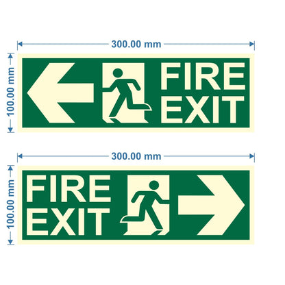 Akshar Arts Bhuwana Fire Exit Left and Right Arrow Night Glow Signboard On PVC Sunboard 3 mm Size-300mm X 100mm (Pack of 04)
