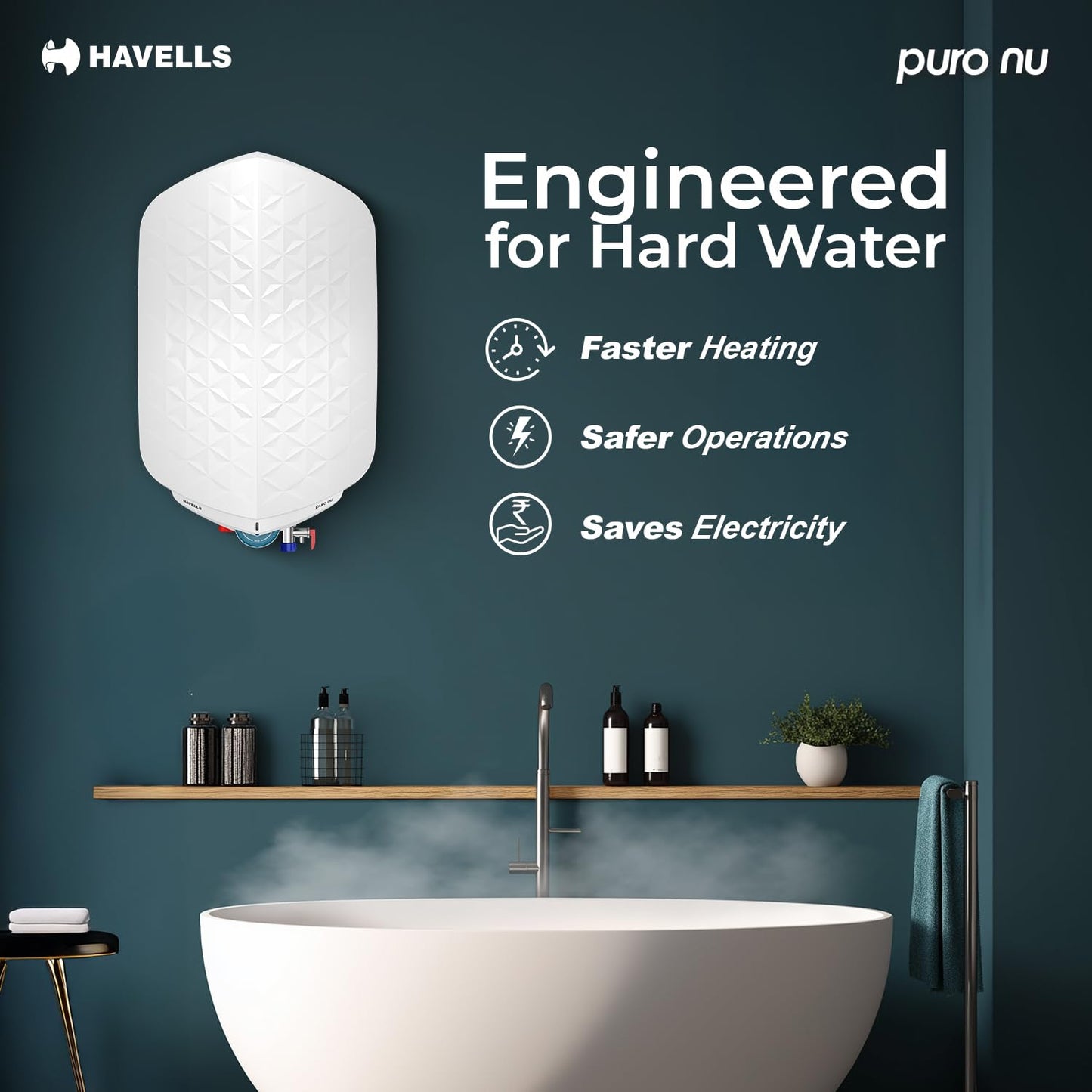 Havells Puro Nu 15L Storage Water Heater(Geyser)|Faster Heating|Safer to use|Saves electricity|Engineered for Hard Water|Glass Coated Anti Rust Tank|Whirlflow Technology|Jog Dial Temp. setting knob