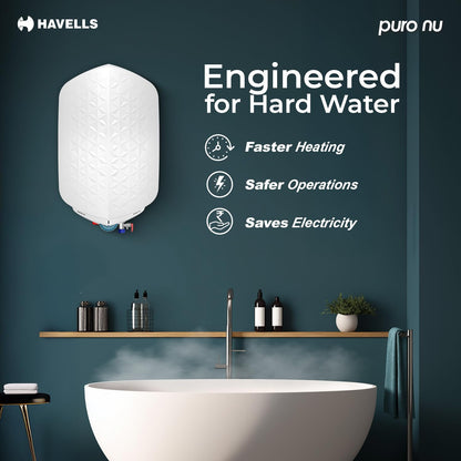 Havells Puro Nu 15L Storage Water Heater(Geyser)|Faster Heating|Safer to use|Saves electricity|Engineered for Hard Water|Glass Coated Anti Rust Tank|Whirlflow Technology|Jog Dial Temp. setting knob