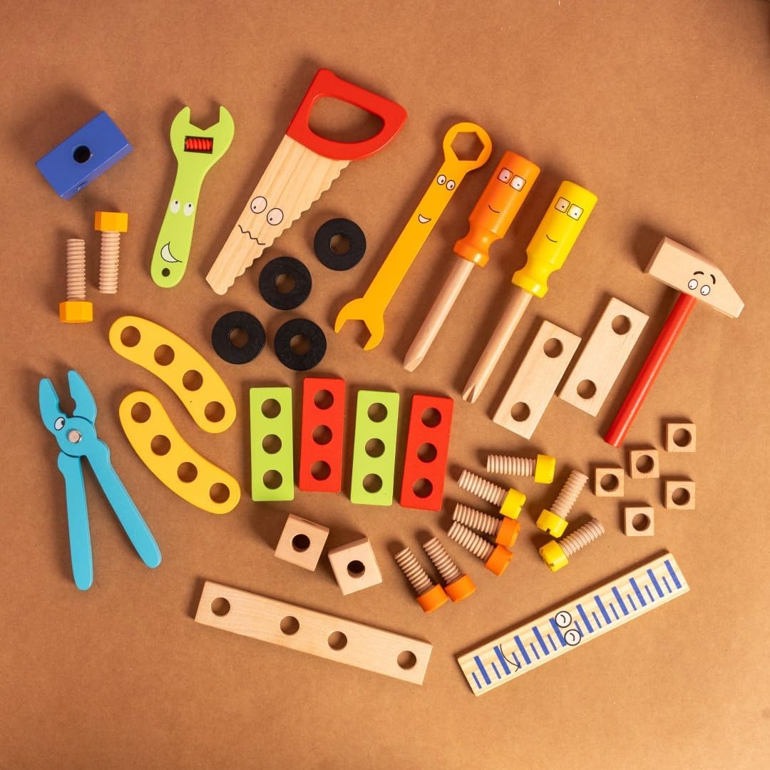 UdrCrafts® - Wooden Tool Kit Set with Tool Box (40 Pcs) | Pretend Play Portable Construction Tools Kit Toys for Kids | Gift for Boys & Girls Age 3, 4, 5, 6 | Montessori Toy