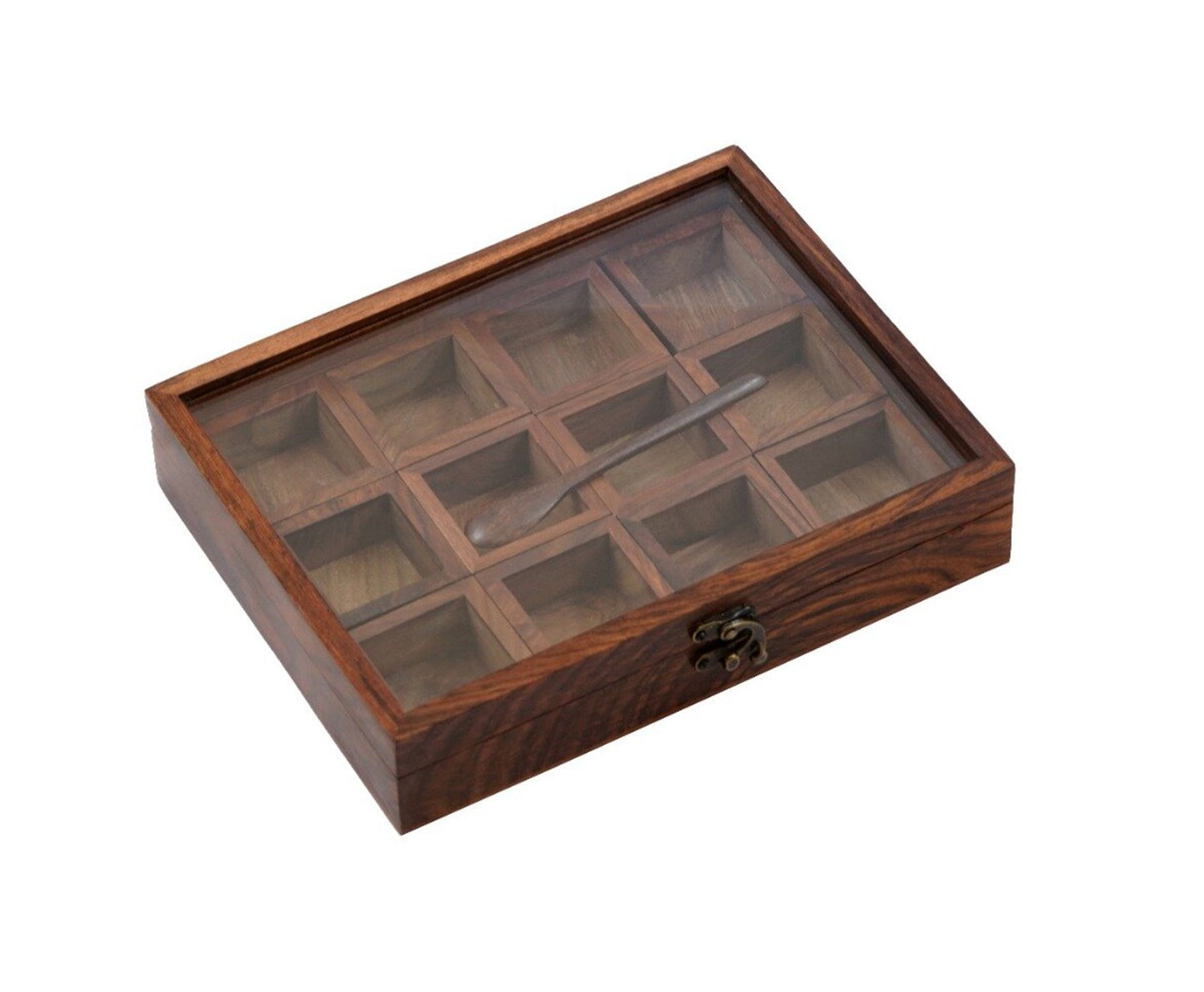 Udaipur Handicrafts Decorative Multi Purpose Wooden Spice Box With 12 Containers And Spoon