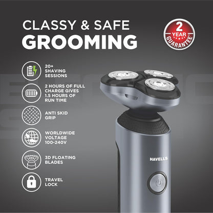 Havells RS7020 3 Head Rotary Shaver with Built in pop-up Trimmer for Wet & Dry Shave; IPX7 Waterproof; Protection from cuts (Grey)