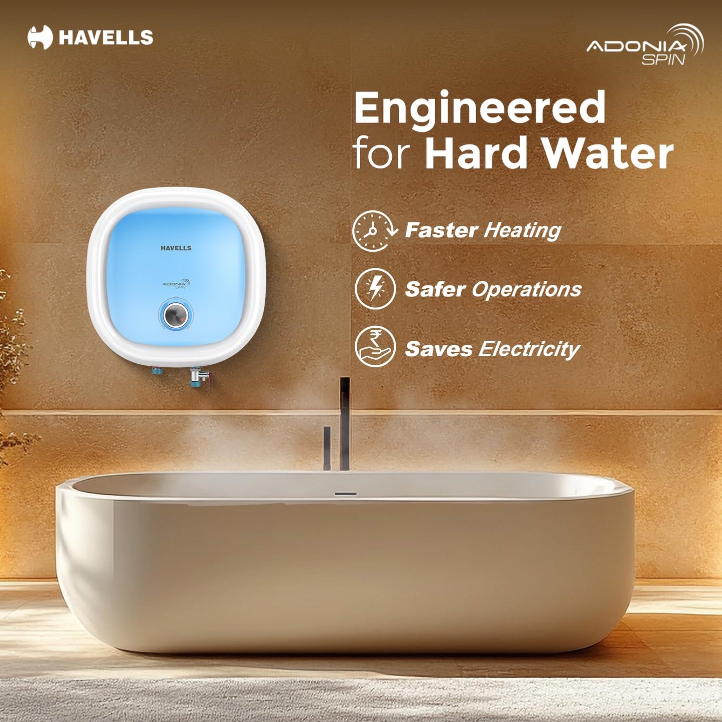 Havells All New Adonia Spin 25L 5 Star Storage Water Heater(Geyser)|Faster Heating|Safe to use|Saves electricity|Feroglas Coated Anti Rust Tank| Temp. setting knob|7 Yr. Tank Warranty| Made In India