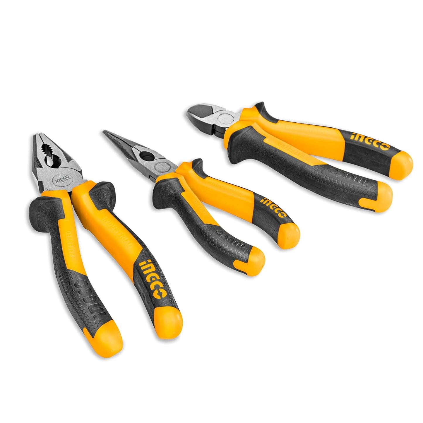 INGCO Plier Set, 3 pcs, Include 8" Combination Pliers, 6" Nose Plier, 6" Diagonal Cutting Plier, Cr-V, Black Finish and Polish, INGCO Tools Design Handle