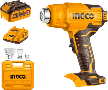 INGCO Cordless Hot Air Gun with 4.0Ah Battery and Charger, Max 1022°F(550°C) 20V Portable Heat Gun Packed by Plastic Box, 3Pcs Nozzle for Pipe Bending, Shrinking, Paint Stripping HGLI20025